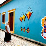 A serene woman, fully clothed in modest, comfortable attire, stands contemplatively before a vibrant street art mural in a historic alley in George Town, Penang. The mural depicts a heartwarming scene of local children playing with traditional kites, evoking a sense of nostalgia and gentle joy. Soft daylight illuminates the colorful artwork, creating a peaceful atmosphere. The woman's posture is natural, observing the art with a quiet expression. Perfect anatomy, correct proportions, well-formed hands, natural body proportions. Professional photography, high quality, safe for work, appropriate content, fully clothed, family-friendly.