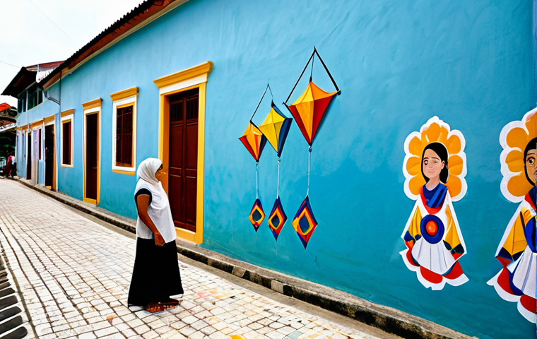 A serene woman, fully clothed in modest, comfortable attire, stands contemplatively before a vibrant street art mural in a historic alley in George Town, Penang. The mural depicts a heartwarming scene of local children playing with traditional kites, evoking a sense of nostalgia and gentle joy. Soft daylight illuminates the colorful artwork, creating a peaceful atmosphere. The woman's posture is natural, observing the art with a quiet expression. Perfect anatomy, correct proportions, well-formed hands, natural body proportions. Professional photography, high quality, safe for work, appropriate content, fully clothed, family-friendly.