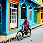 **

A vibrant street scene in Georgetown, Penang, featuring a mural depicting children interacting with a real bicycle. Focus on the "Mirrors Georgetown" style. Include tourists taking photos. The scene should be lively with colorful buildings and street vendors in the background. Fully clothed individuals, appropriate attire, safe for work, perfect anatomy, natural proportions, professional photography, high quality, family-friendly.

**