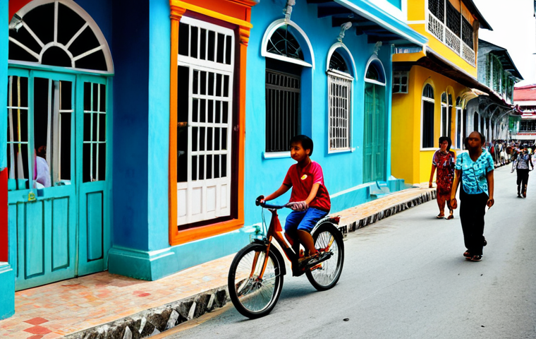 **
A vibrant street scene in Georgetown, Penang, featuring a mural depicting children interacting with a real bicycle. Focus on the "Mirrors Georgetown" style. Include tourists taking photos. The scene should be lively with colorful buildings and street vendors in the background. Fully clothed individuals, appropriate attire, safe for work, perfect anatomy, natural proportions, professional photography, high quality, family-friendly.
**