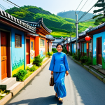 **

"A cheerful Malay woman in a baju kurung, walking down a colorful lane in a Jeju mural village, surrounded by vibrant artwork depicting traditional Jeju life and haenyeo divers. The scene is filled with bright daylight, showcasing the beauty of the art. Fully clothed, appropriate attire, safe for work, perfect anatomy, natural proportions, professional photography, high quality, family-friendly."

**