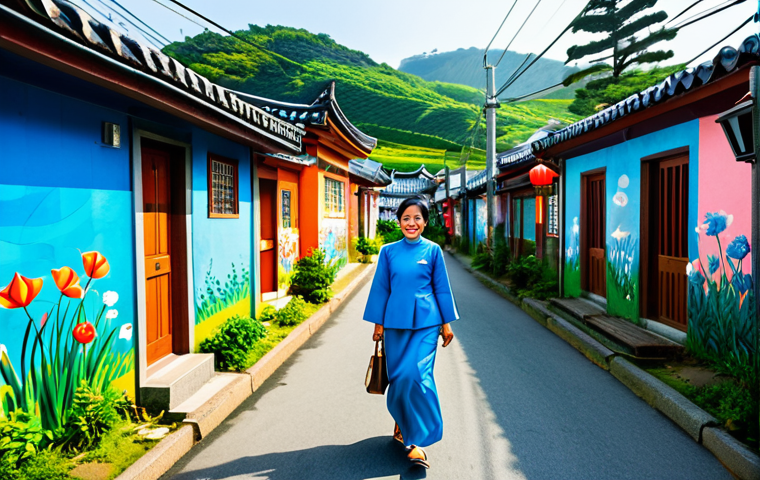 **
"A cheerful Malay woman in a baju kurung, walking down a colorful lane in a Jeju mural village, surrounded by vibrant artwork depicting traditional Jeju life and haenyeo divers. The scene is filled with bright daylight, showcasing the beauty of the art. Fully clothed, appropriate attire, safe for work, perfect anatomy, natural proportions, professional photography, high quality, family-friendly."
**